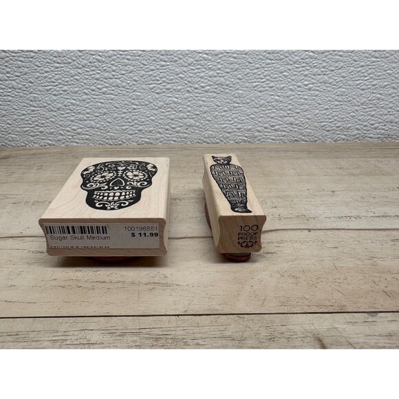 Mixed Brands Set Of 2 Wood Mounted Rubber Stamps Skull & Mummy Cat - Picture 3 of 5